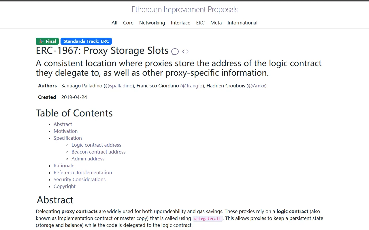 EIP-1967 mô tả các khe lưu trữ địa chỉ logic và quản trị của hợp đồng proxy