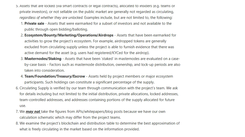 Danh sách các nhóm token bị loại khỏi cung lưu hành theo phương pháp luận CoinMarketCap: private sale, airdrop, masternode/staking, team và treasury