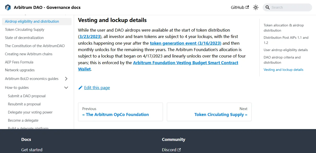 Arbitrum 官方文件的 Vesting and lockup details 段落，說明投資人與團隊代幣鎖倉四年、TGE 一年後首次解鎖、其後三年按月解鎖，基金會配額自 2023 年 4 月 17 日起線性解鎖四年