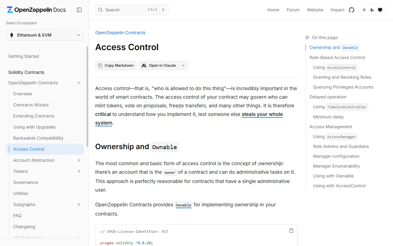 Trang tài liệu Access Control của OpenZeppelin giải thích kiểm soát truy cập quyết định ai được phép mint token